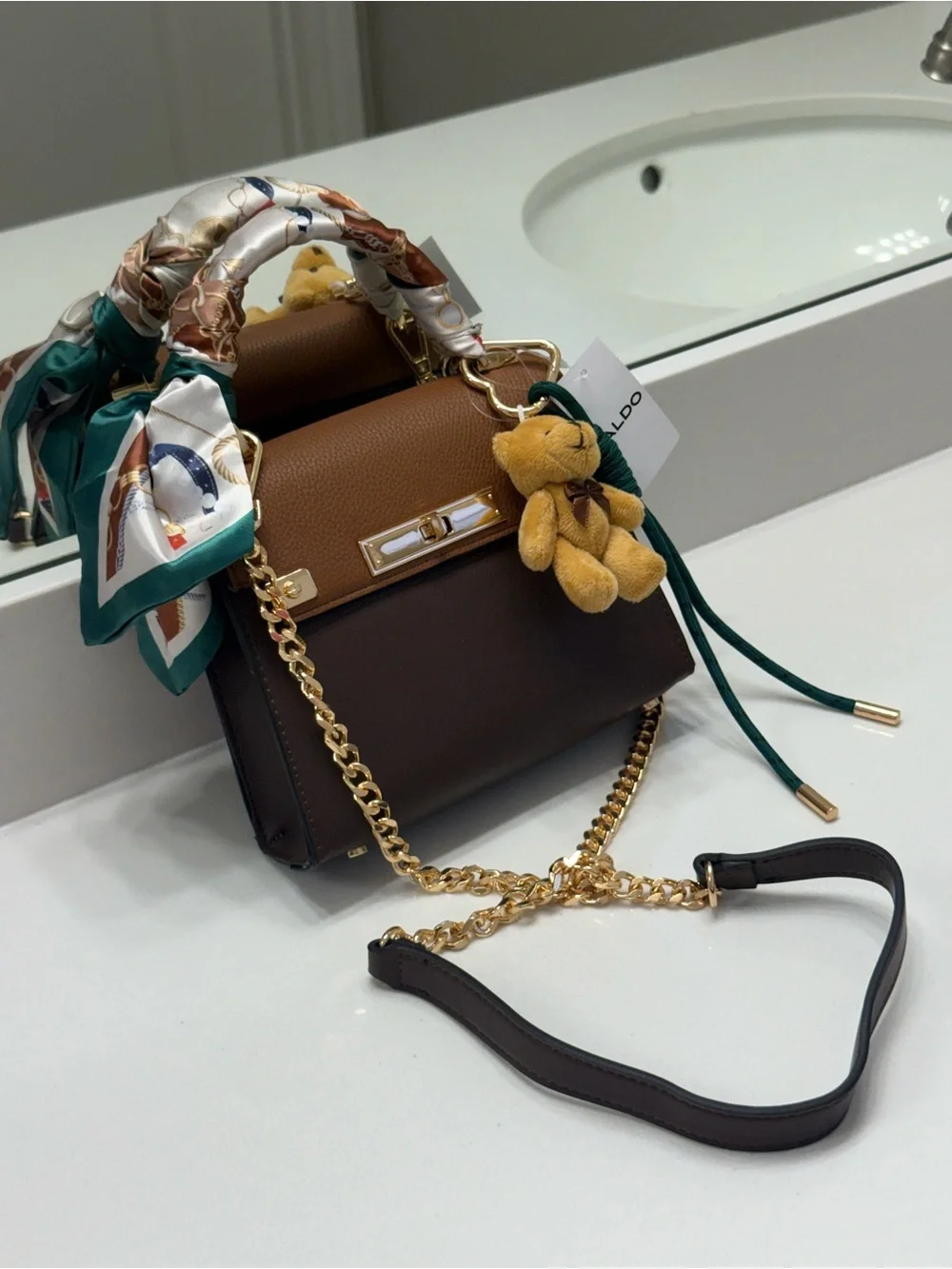 Aldo Two-Tone Brown Satchel with Gold Chain and Scarf Handle 🧸 NWT 🧸